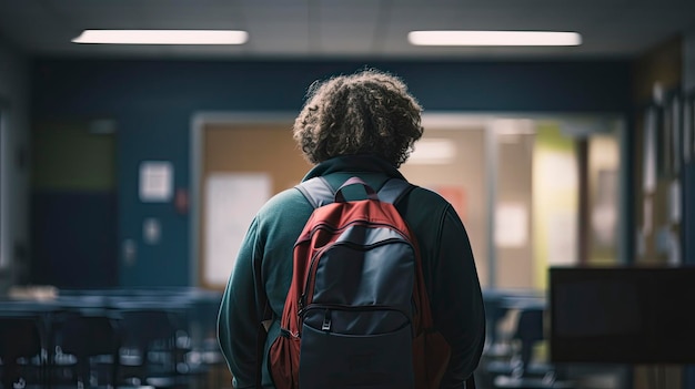 Una persona con uno zaino cammina in un'aula.