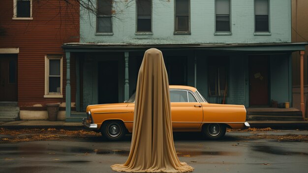 Una persona coperta da un panno in piedi davanti a un'auto gialla