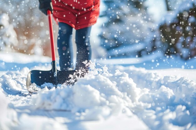 Una persona da vicino che usa una pala per la neve per cancellare la neve da un sentiero dopo una tempesta invernale