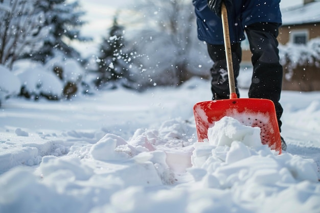 Una persona da vicino che usa una pala per la neve per cancellare la neve da un sentiero dopo una tempesta invernale