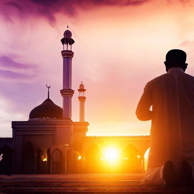 Una persona di etnia musulmana che prega durante il periodo del Ramadan