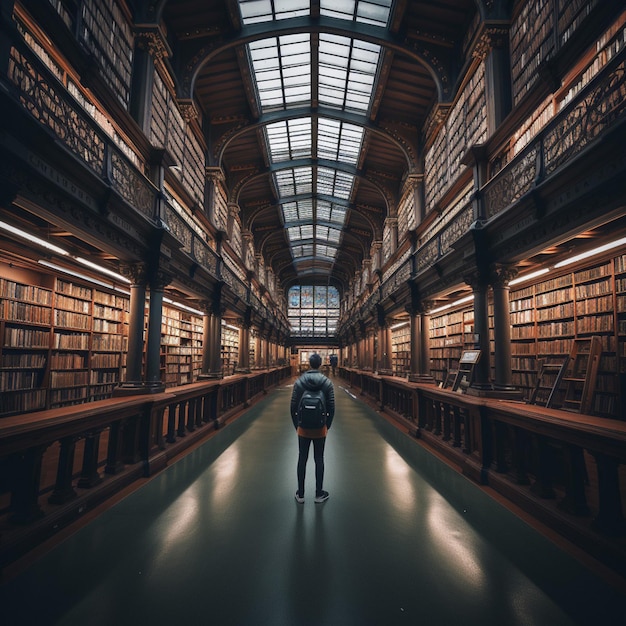 Una persona è in piedi in una biblioteca con molti libri sugli scaffali.