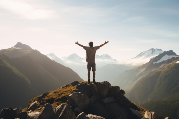 una persona è in piedi sulla cima di una montagna con le braccia spalancate