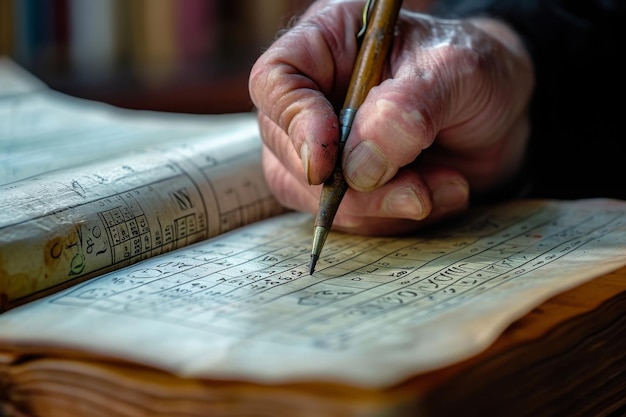 Una persona è mostrata usando una penna per scrivere sulle pagine di un libro con la mano inchiostro numeri in un vecchio libro di contabilità AI Generato