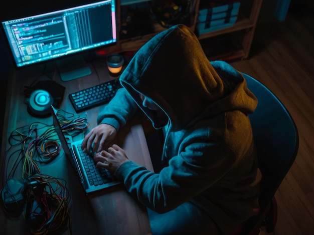 una persona è seduta davanti a un computer con un monitor che dice quote la parola quote su di esso