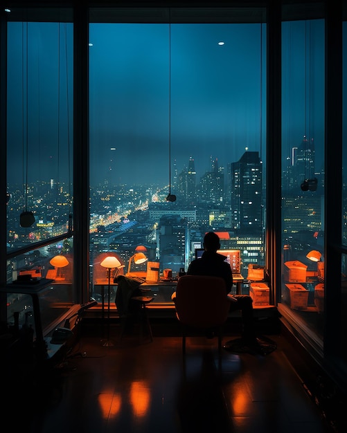Una persona è seduta in una finestra guardando lo skyline della città.