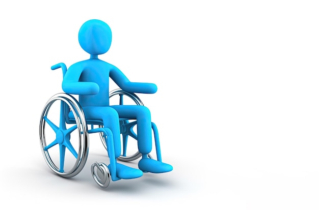 Una persona è seduta su una sedia a rotelle su uno sfondo grigio