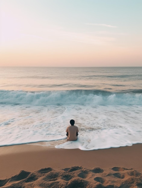 una persona è seduta vicino all'acqua sulla spiaggia