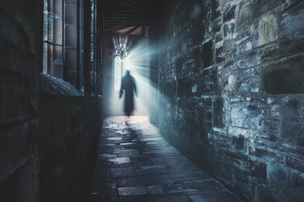Una persona è vista camminare lungo un vicolo scarsamente illuminato circondato da alti edifici e ombre una figura spettrale evanescente che passa attraverso le pareti di un vecchio castello generato dall'AI
