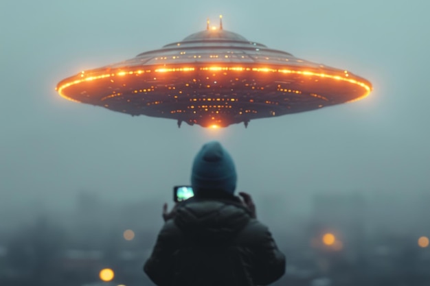 Una persona è vista fotografare un UFO con il suo smartphone in una strada trafficata della città durante il giorno in mezzo a un cielo nebbioso