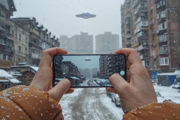 Una persona è vista fotografare un UFO con il suo smartphone in una strada trafficata della città durante il giorno in mezzo a un cielo nebbioso
