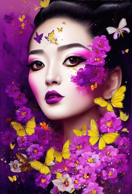 Una persona immaginaria non basata su una persona reale Ritratto colorato astratto di una bella geisha
