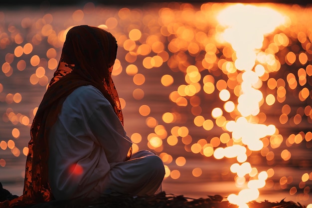 Una persona immersa in profonda contemplazione durante l'Itikaf con uno sfondo bokeh tranquillo che incarna