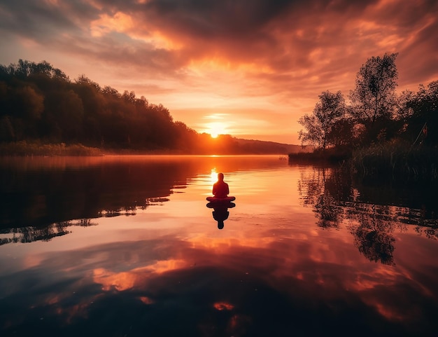 Una persona in canoa su un lago al tramonto