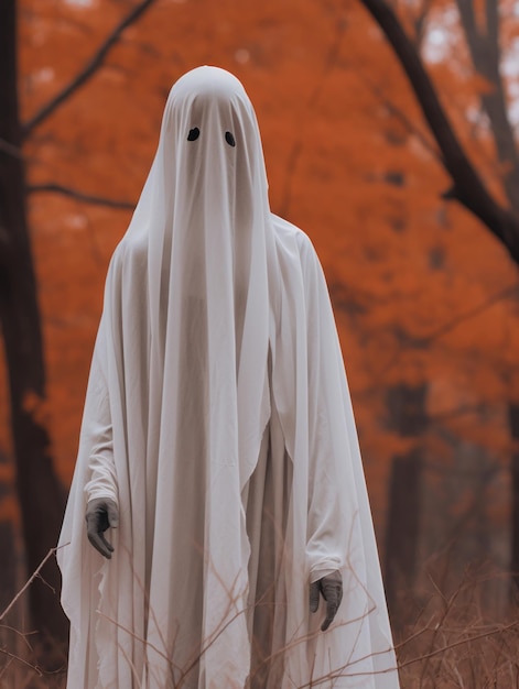 una persona in costume da fantasma bianco in piedi nel bosco