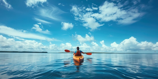 Una persona in kayak attraverso acque calme sotto un cielo blu brillante