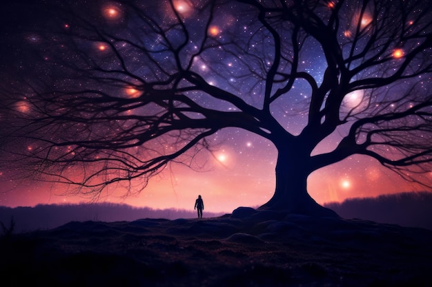 una persona in piedi davanti a un albero con le stelle nel cielo