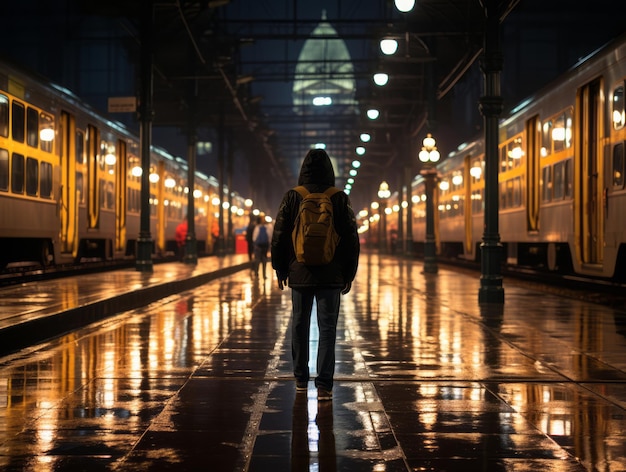 una persona in piedi davanti a una stazione ferroviaria di notte