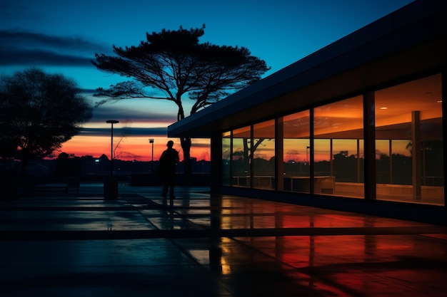 una persona in piedi di fronte a un edificio con un tramonto sullo sfondo