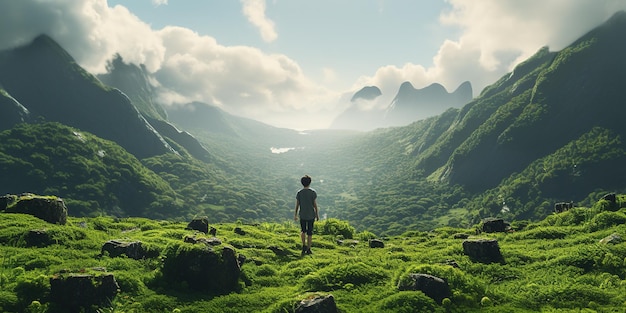 Una persona in piedi in cima a una collina verde lussureggiante