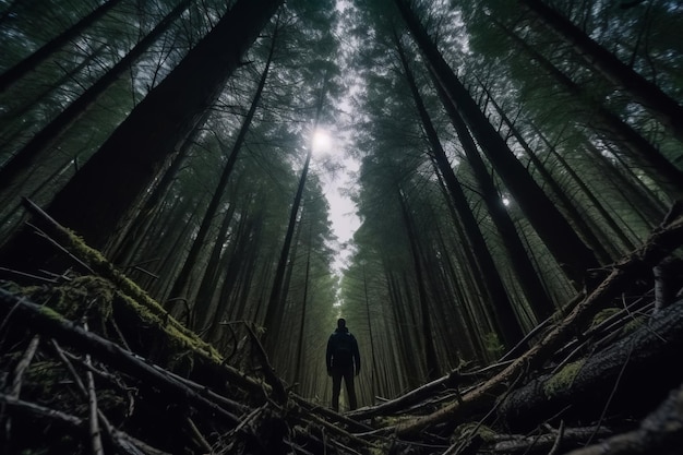 Una persona in piedi in mezzo a una foresta buia