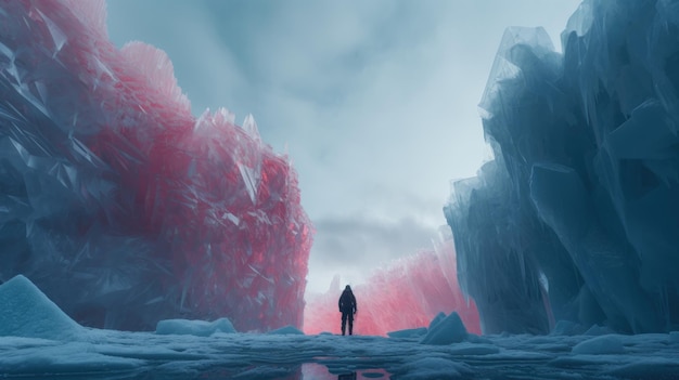 una persona in piedi in un paesaggio ghiacciato con formazioni di ghiaccio
