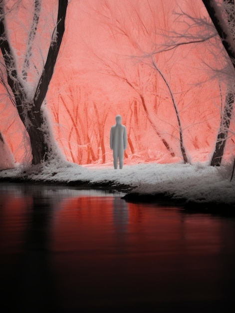 una persona in piedi nella neve vicino a un fiume
