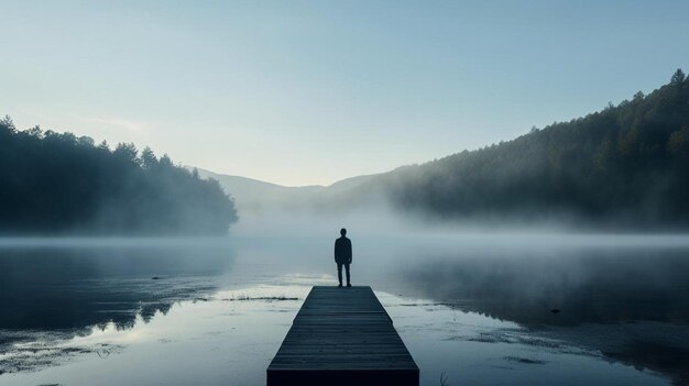 una persona in piedi su un molo nel mezzo di un lago