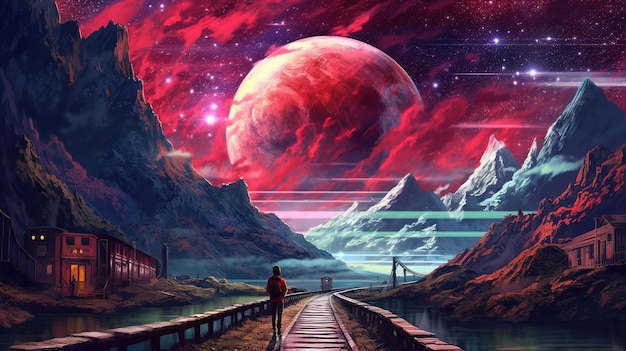 Una persona in piedi su un sentiero che guarda un pianeta rosso Generative AI Art