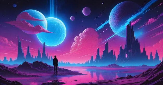 Una persona in piedi su una piattaforma futuristica che guarda un cielo alieno vibrante con sfumature rosa e blu