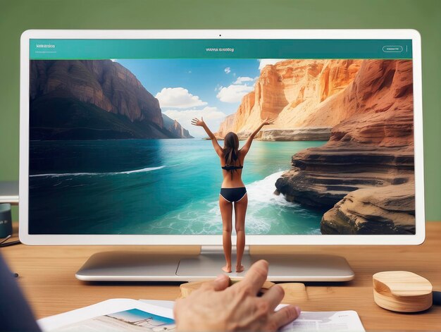 una persona in piedi su una scrivania davanti allo schermo di un computer con l'immagine di una donna in bikini