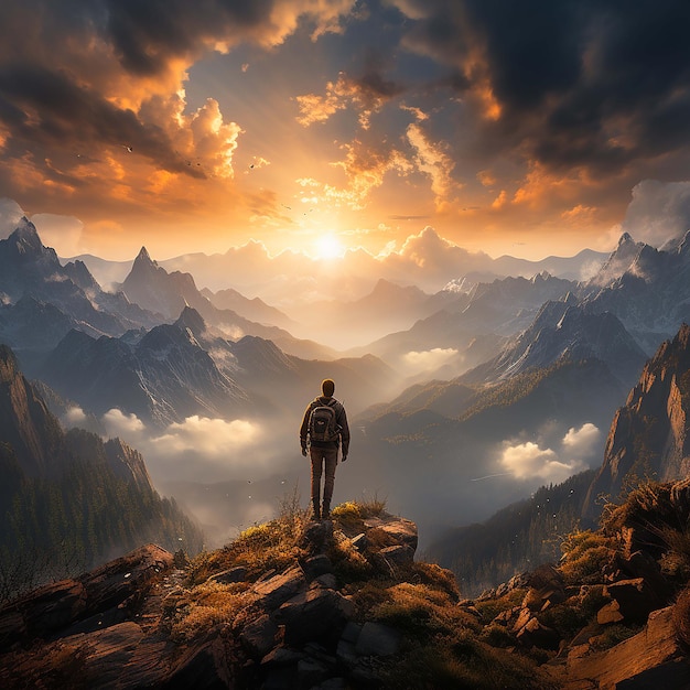 Una persona in piedi sulla cima di una montagna che sembra generata dall'intelligenza artificiale