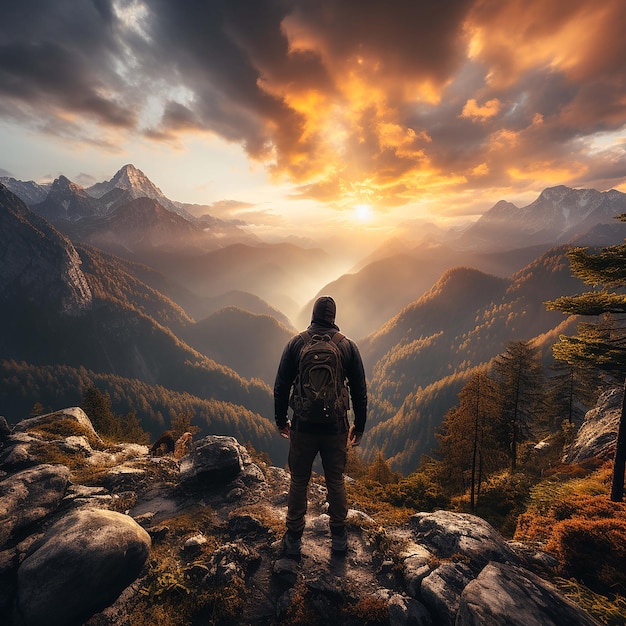 Una persona in piedi sulla cima di una montagna che sembra generata dall'intelligenza artificiale