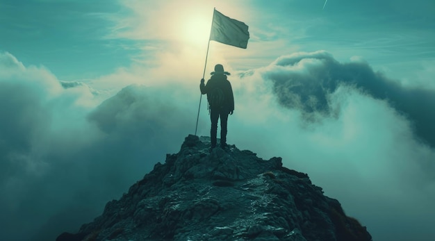 una persona in piedi sulla cima di una montagna con una bandiera