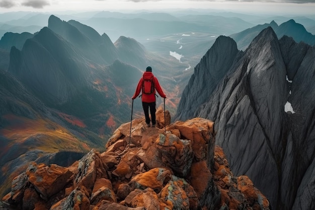 Una persona in piedi sulla cima di una montagna rocciosa Generativo Ai