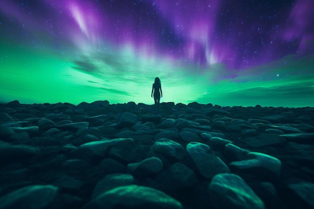 una persona in piedi sulle rocce che guarda le luci dell'aurora