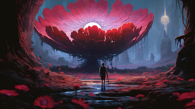 Una persona in piedi vicino al fiore gigante in un giardino surreale Concetto di fantasia Illustrazione pittura IA generativa