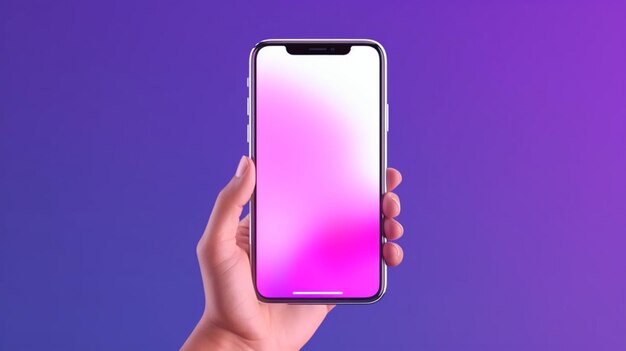 Una persona in possesso di un telefono con uno schermo rosa su uno sfondo viola ai generativo