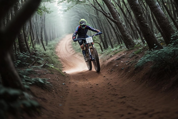 Una persona in sella a una moto da cross in una foresta