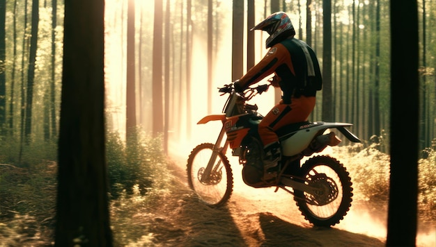 Una persona in sella a una moto da cross in una foresta