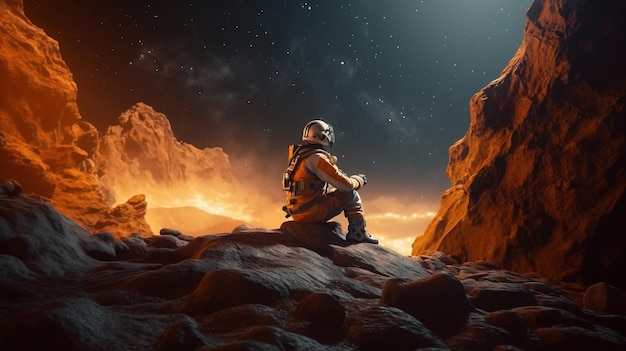 Una persona in tuta da astronauta seduta su una superficie rocciosa Generative AI Art