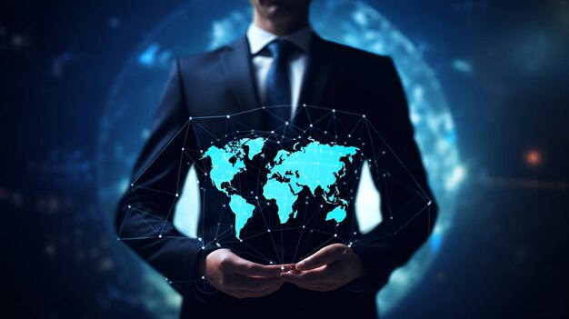 Una persona in tuta in un'interfaccia digitale blu che rappresenta un uomo d'affari in tuta blu interfaccia digitale
