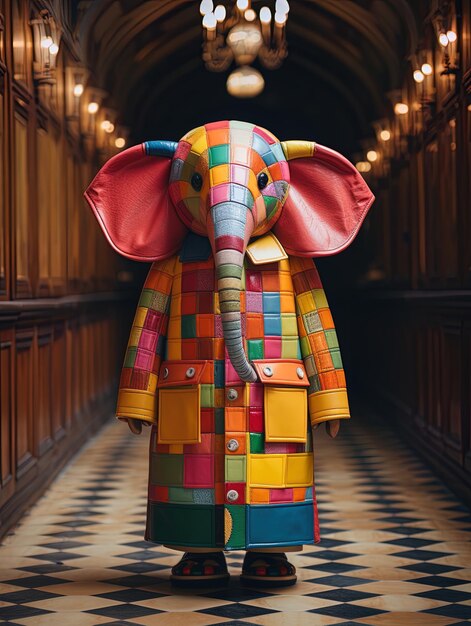 una persona in un costume di elefante colorato è in piedi in un corridoio