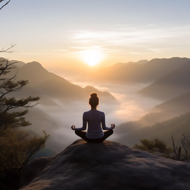 Una persona in una pacifica posa yoga sulla vetta di una montagna, la luce dell'alba proietta un bagliore tranquillo sul