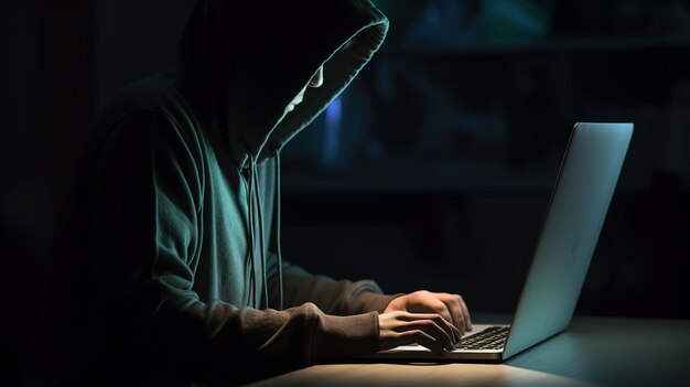 Una persona in una stanza buia sta scrivendo su un computer portatile