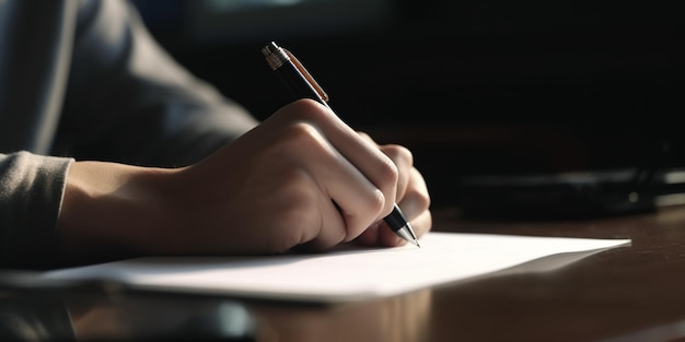 Una persona scrive su un pezzo di carta con una penna.