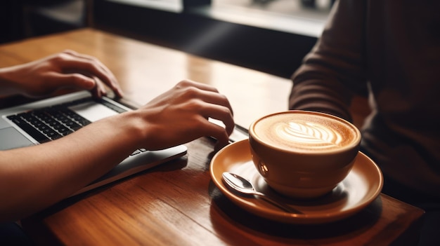 Una persona seduta a un tavolo con una tazza di caffè e un computer portatile.