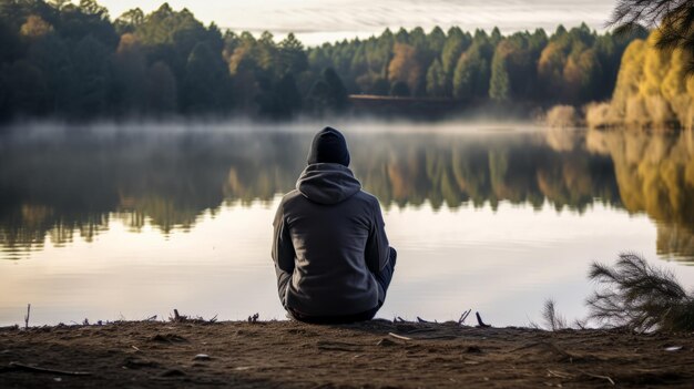 Una persona seduta accanto a un lago che guarda la superficie dell'acqua circondata da una natura serena