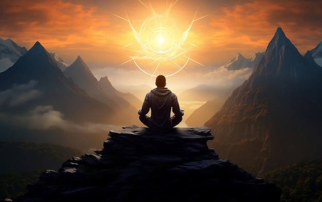 Una persona seduta in cima a una montagna con un tramonto sullo sfondo AI