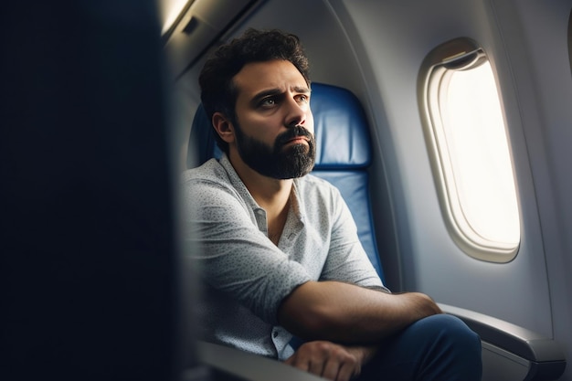 Una persona seduta su un aereo che sembra delusa AI generativa